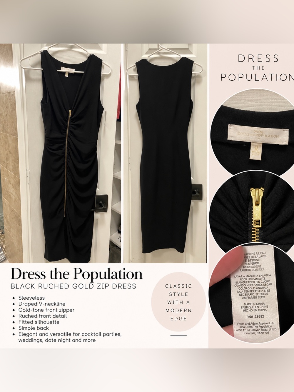 Dress the Population Black Sleeveless Ruched Midi Dress with Gold Zip